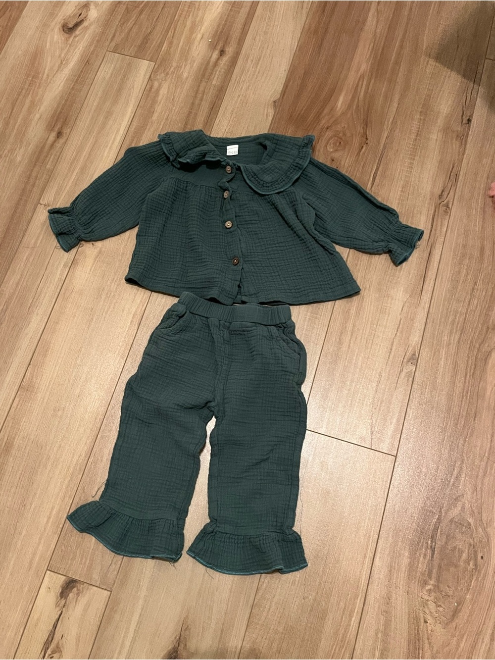 Matching Set Muslin Ruffle Button down Shirt with collar and ruffle bottom pants